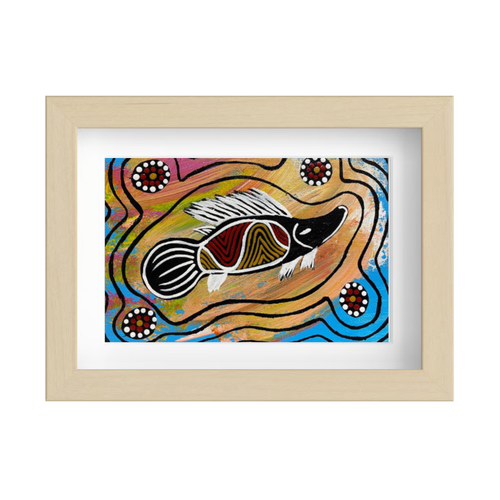 Framed Aboriginal Art PRINT (13cm x 18cm) - Thuggai the Yellowbelly [Birch]