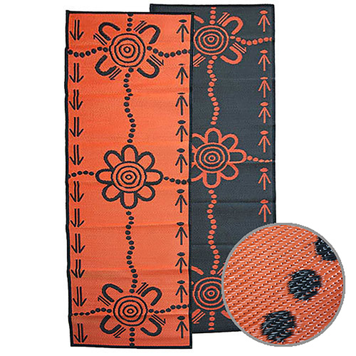 Aboriginal Recycled Mat - Runner - Emu/Kangaroo Tracks  [Colour: Orange/Black]