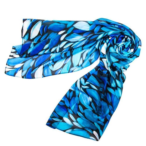 Aboriginal Art Giftboxed 100% Silk Scarf - Bush Leaves (Blue)