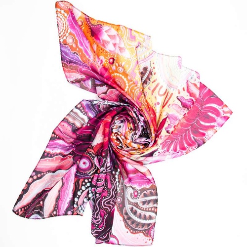 Chern'ee Sutton Aboriginal Art Giftboxed 100% Silk Scarf - Waratah Flower