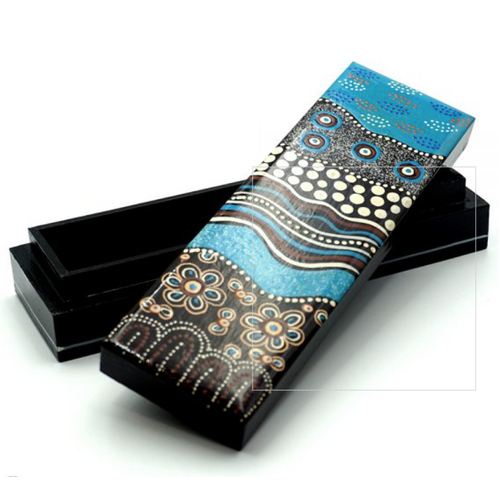 Lacquered Aboriginal Art Pencil Box - Ocean and Earth