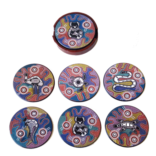 Baribumna Aboriginal Art Round Timber Case Coaster Set (6)  - Animals