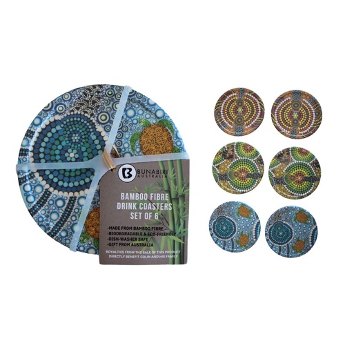 Bunabiri Aboriginal Art Bamboo Fiber Coasters (6) - Colin Jones