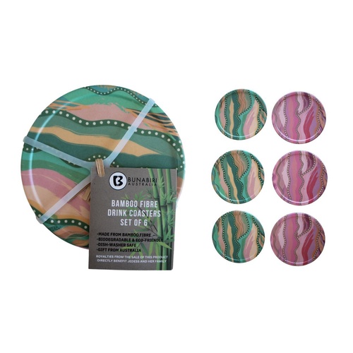 Bunabiri Aboriginal Art Bamboo Fiber Coasters (6) - Jedess Hudson