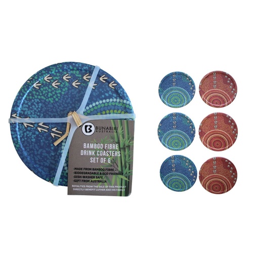 Bunabiri Aboriginal Art Bamboo Fiber Coasters (6) - Luther Cora