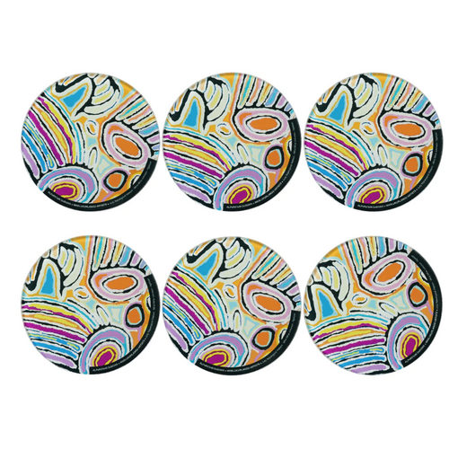 Warlukurlangu Aboriginal Art Glass Coaster Set (6) - Mina Mina Jukurrpa - Ngalyipi