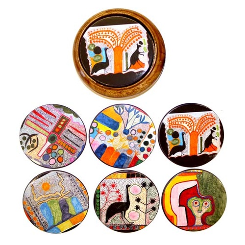 Indigenart Aboriginal Art Round Timber Case Coaster Set (6) - Various Designs (6CC01)