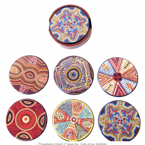 Jukurrpa Aboriginal Art Round Timber Box Coaster Set (6) - Various Designs
