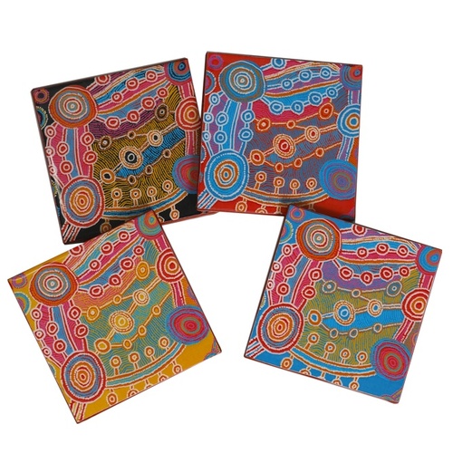 Umoona Arts Aboriginal Art Boxed Resin Coaster Set (4) - Rocks & Waterholes