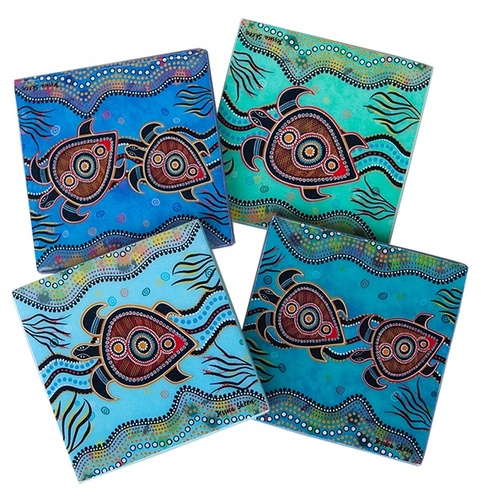 Paths of the Sea Turtle Coaster Set of 4 Boxed 9.5 X 9.5cm - Muralappi Journey