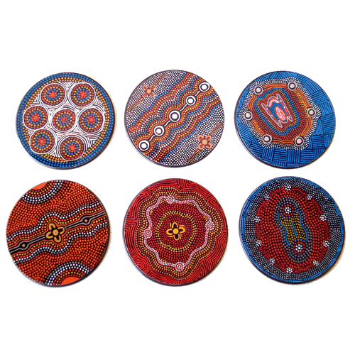 Whitton Aboriginal Art Round Timber Boxed Coaster Set (6) (13CC001)