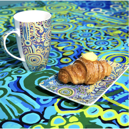 Better World Aboriginal Arts Luxe Organic Cotton-Satin Tablecloth (150cm x 230cm) - Ngarrindjeri Country