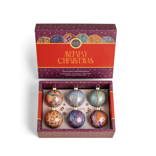 KOH Living Aboriginal Art 6 pack Gift Box Xmas Mini Baubles (5cm) - Our Country