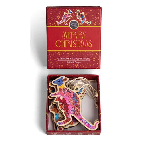 Gift Box Xmas Tree Timber Decorations [Kangaroo & Koala] - Set (4) - KOH Living Aboriginal Art 