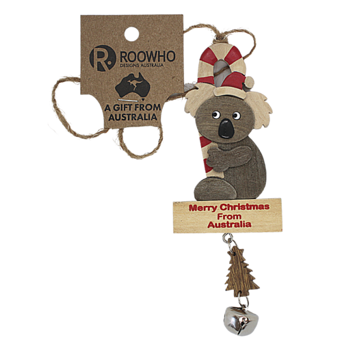 RooWho Xmas Koala Wooden Ornament Cane & Bell