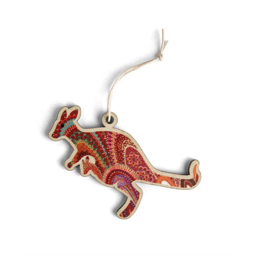 Aboriginal Art Kangaroo Timber Xmas Decoration (9cm) - Home