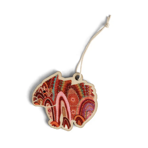 Aboriginal Art Wombat Timber Xmas Decoration (9cm) - Home