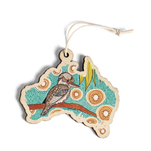 Kookaburra Dreaming [AUS Map] Timber Xmas Decoration (9cm) - KOH Living Aboriginal Art