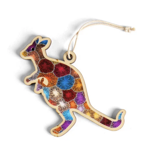 Kangaroo [Bush Flowers] Timber Xmas Decoration (9cm) - KOH Living Aboriginal Art