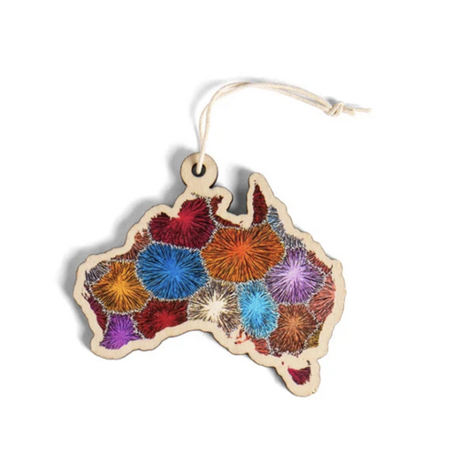AUS Map [Bush Flowers] Timber Xmas Decoration (9cm) - KOH Living Aboriginal Art