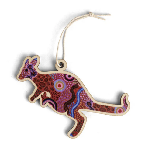 Aboriginal Art Kangaroo Timber Xmas Decoration (9cm) - Our Country