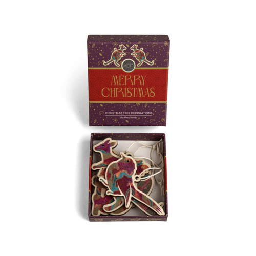 Aboriginal Art Gift Box Xmas Tree Timber Decorations - Set (4) - Pilbara Creeks